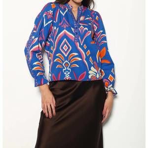 Maude Vivante Ashley Top in Cobalt Ikat Printed Long-Sleeve Blouse